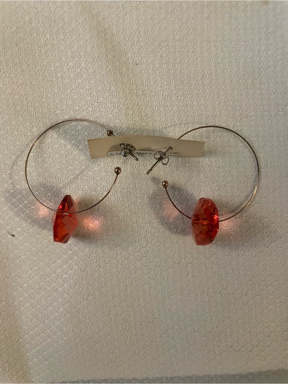 Gold Hoop Earrings with Red Crystal Accent